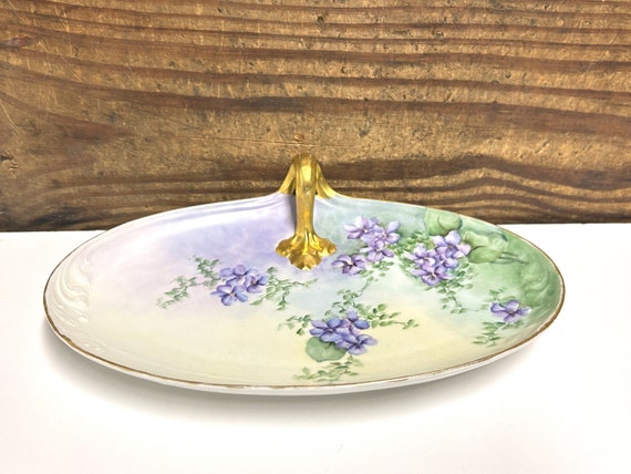 Antique French Limoges Green with Purple Floral H… - image 1