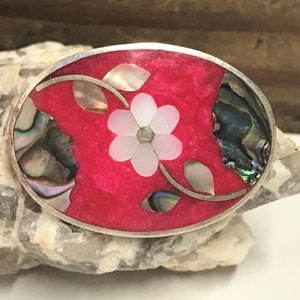 Vintage Mother of Pearl and Enamel Brooch,  Alpaca Mexico, Inlayed Shell and Pink Enamel Brooch, Abalone Shell Brooch