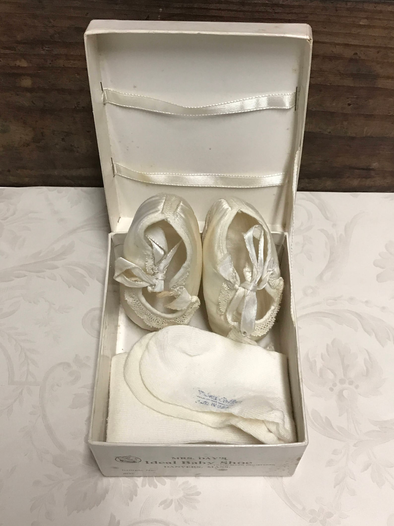 vintage baby ballet slippers, size 1, in original box, knee socks included, baby satin ballet shoes, vintage newborn shoes, mrs.