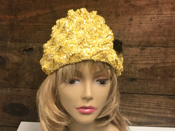 Vintage Yellow Woven Braided Ribbon Hat, Woven Cl… - image 1