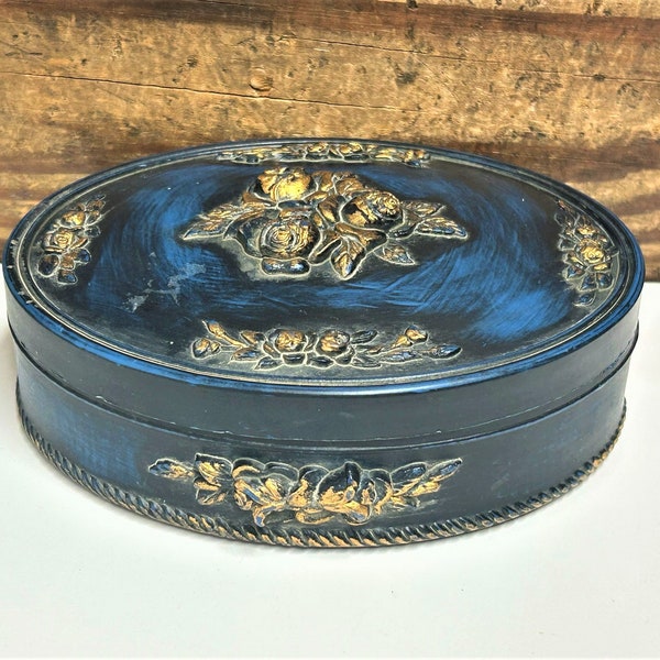 Antique Navy Jewelry Case with Gold Gilt Florals, Original Burgundy Felt Lining, Antique Vanity Box, Antique Vanity Decor