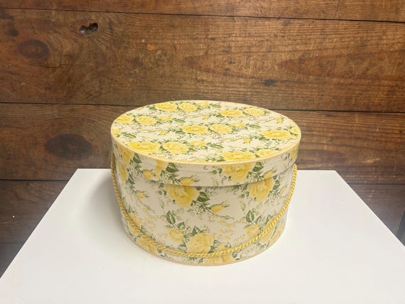 Vintage 50's Yellow Rose Hat Box, Cardboard Hat Box, Shabby Chic Storage Box