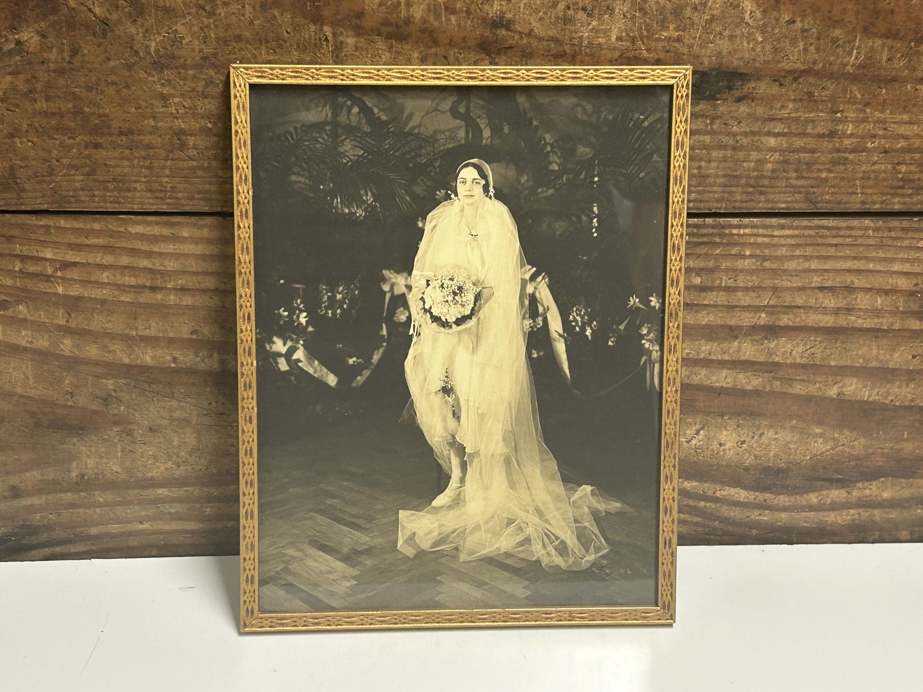 Antique 1930s Sepia Wedding Photo in Embossed Gold Frame