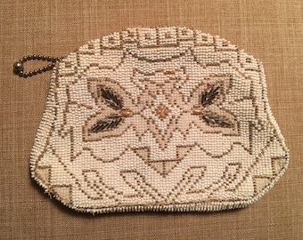Vintage Beaded Ivory Czech Clutch, Zipper Closure, Beaded Handle On Back, Party Purse, Wedding Clutch, Evening Clutch