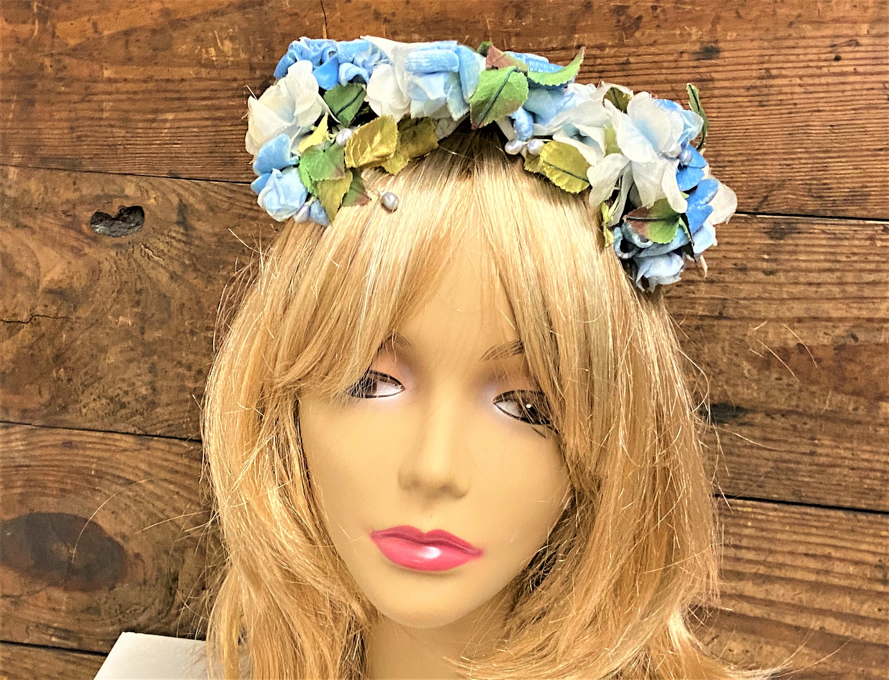 Vintage Blue Satin Floral Fascinator, Shelbert Designs of NY,  Wedding Hat, Costume Hat, Vintage Floral Hat, Vintage Floral Mini Hat