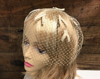 Vintage Beige Velvet Bow Netting Fascinator, Spring/Summer Fascinator, Velvet Netted Mini Hat, Wedding Fascinator