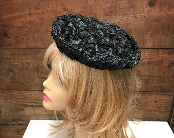 Vintage Black Straw Fascinator, Black Woven Fascinator, 50's Black Straw Hat, Vintage Black Raffia Hat, Summer Wedding Hat
