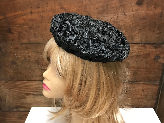 Vintage Black Straw Fascinator, Black Woven Fasci… - image 1