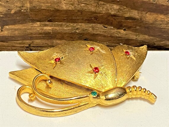 Vintage Butterfly Brooch by JJ, Gold Metal With Rhinestones