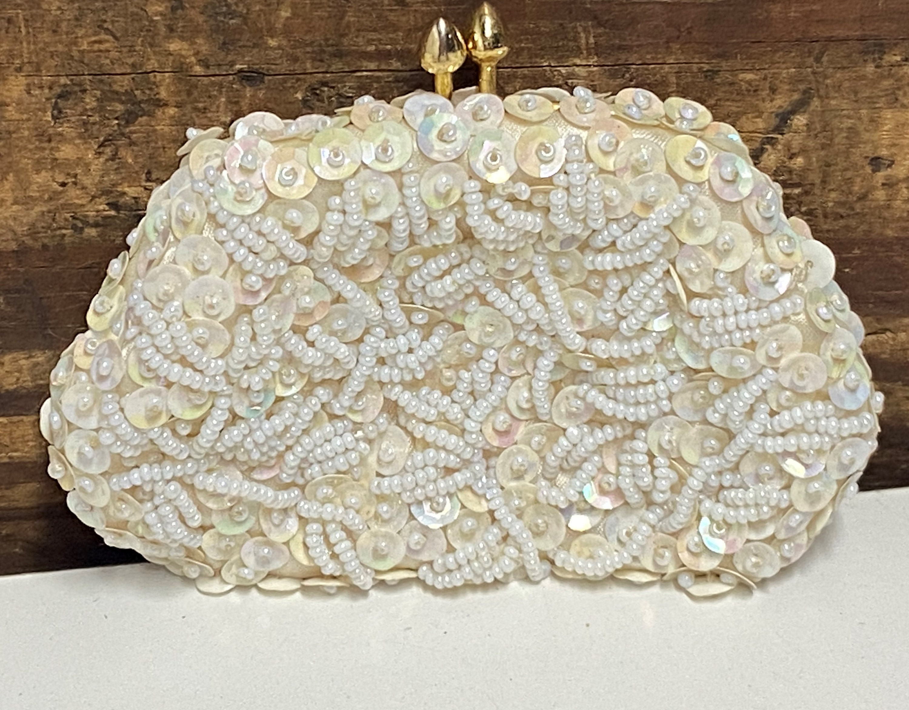 Vintage Cream Ivory Beaded Purse Handbag 1960s MOD Made Hong Kong Evening  Clutch