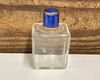 Antique Enamel Top Perfume Bottle, Blue Enamel and Gold Top and Clear Glass Bottom, Old Perfume Bottle, Antique Vanity Decor