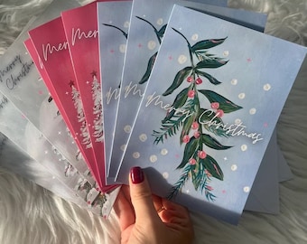 Christmas Cards Set | Pack of 6 cards | Mistletoe, Christmas Trees