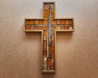 Cross within an Amber Cross Stained Glass Mosaic