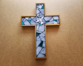 White Dove and Light Lavender Stained Glass Mosaic Cross