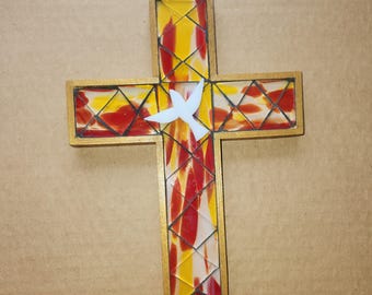 White Dove on Yellow and Red Stained Glass Mosaic Cross