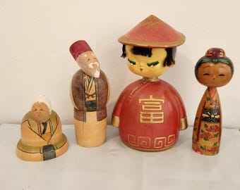 vintage wooden Japanese Wise Man & women - Oriental Geisha Ceramic Bobblehead Figurine kokeshi Doll Lot