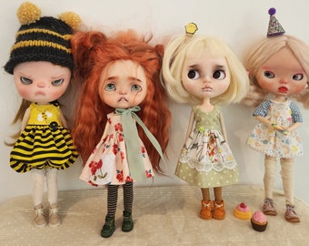 Handmade Doll Clothes Blythe Bubble Bee Bubble Dress Party Floral Dress Whimsical knitted Hat 5-piece outfits For Blythe