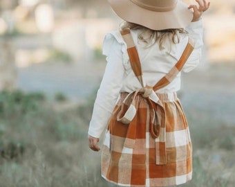 Girls Fall Plaid Suspender Skirt with Adjustable Straps, Toddler Outfit for Fall, Thanksgiving Dress in Orange Pumpkin Plaid