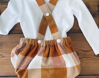 Baby Suspender Bloomers in 100% Cotton Pumpkin Plaid Flannel with Removable Straps, Toddler Thanksgiving Outfit, First Birthday Outfit