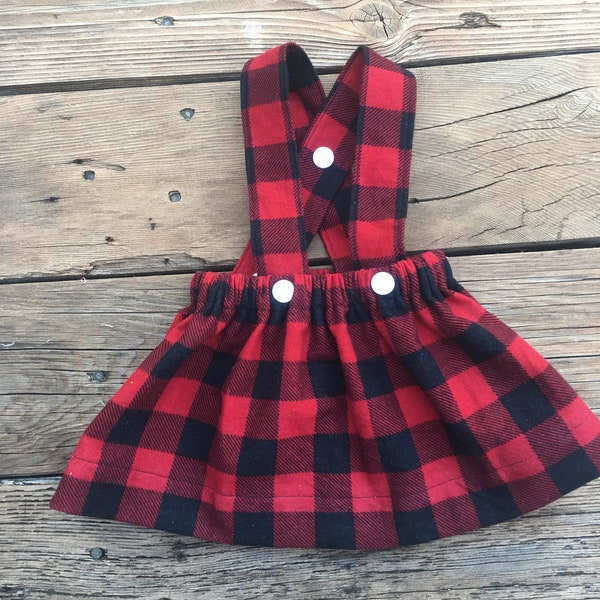 Girls Christmas Flannel Suspender Skirt with Adjustable Straps in Red and Black Plaid, Toddler Dress in Buffalo Plaid, Kids Jumper Dress