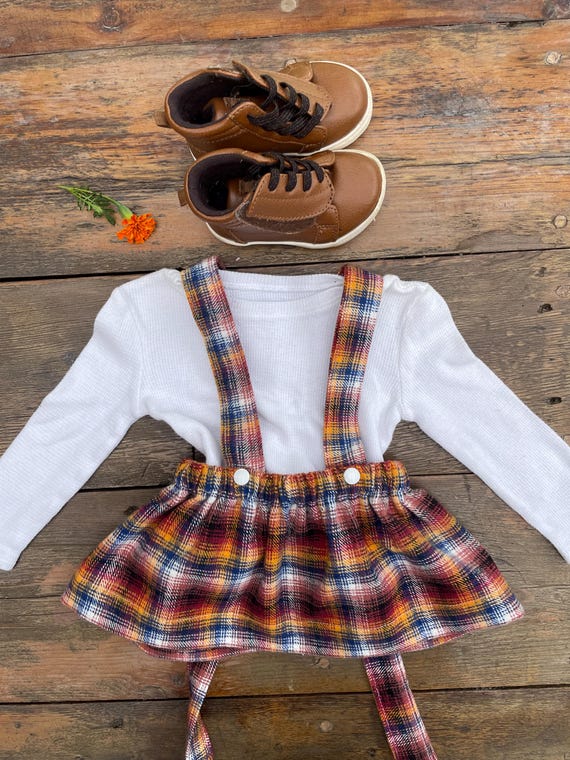 blue dress for baby girl Snowy Plaid Twofer Suspender Midi Dress (Cream/Brown) L