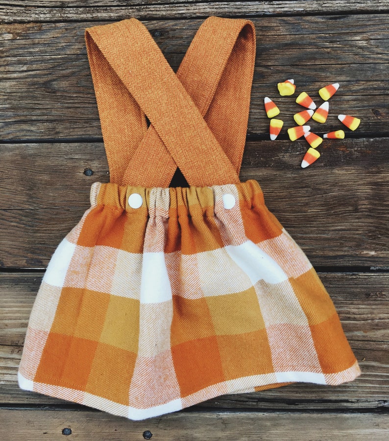 Jupe d'automne à carreaux pour fille avec bretelles réglables, tenue d'automne pour tout-petit, robe d'action de grâce à carreaux orange citrouille image 7