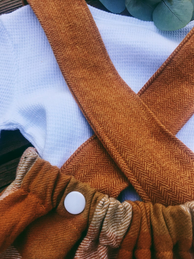 Jupe d'automne à carreaux pour fille avec bretelles réglables, tenue d'automne pour tout-petit, robe d'action de grâce à carreaux orange citrouille image 5