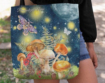 Personalized Unique Tote Bag, Mystical Blue Moon Retro Mushroom Patch Vintage Tote Bag, Cottage Core Watercolor ~makes a unique gift for her