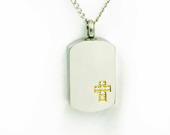 Dogtag style with Gold Cross Nacklace. Engrave. Keep your Loved ones close to your Heart-Always. Stainless Steel. Personalize. Mens Jewelry.