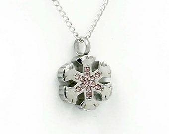 Winter Memories - Snowflake w Pink crystals Remembrance Cremation Urn Pendant Necklace. Stainless Steel. Engrave. Keepsake. Pinktober.