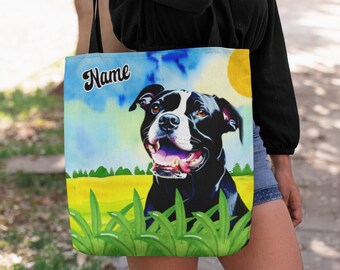 Personalized Dog Art Watercolor Tote Bag, Retro Dog Art, Unique & Beautiful Gift for New Dog Owner, Bully Tote, Dog Trainer Gift, Travel Bag