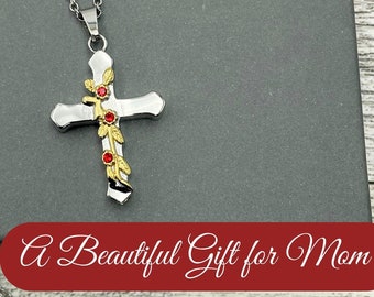 Personalized Cross Urn Necklace, Memorial Cremation Remembrance Jewelry, Keepsake Womens Cross Necklace with Gold Ivy & Ruby Rhinestones.