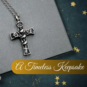 Personalized Cross Urn Necklace, Stainless Steel Cross Adorning Tri Flower Ribbon with Black enamel Inlay, Heartfelt Gift for Men or Women.