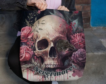 Nevermore Skull Halloween Tote, Fantastic Watercolor Halloween Cottagecore Bag, Great Trick or Treating, Farmers Market, Book Bag Great Gift