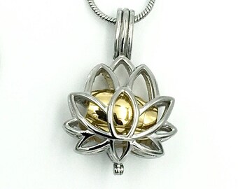 Lotus Flower Necklace. Lotus Flower Cremation Pendant Necklace. Stainless Steel with Gold Plated Urn. Keepsake Jewelry. Memorial Necklace.