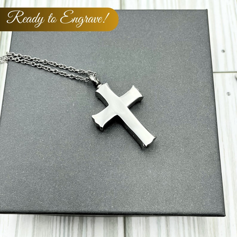 Personalized Cross Urn Necklace, Stainless Steel Cross Adorning Tri Flower Ribbon with Black Enamel Inlay, Heartfelt Gift for Men or Women. image 8