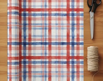 Aquarell kariertes Geschenkpapier, rotblaue Geschenkverpackung, Americana Farmhouse Style für 4.Juli, Sommer & Hostessen Geschenke
