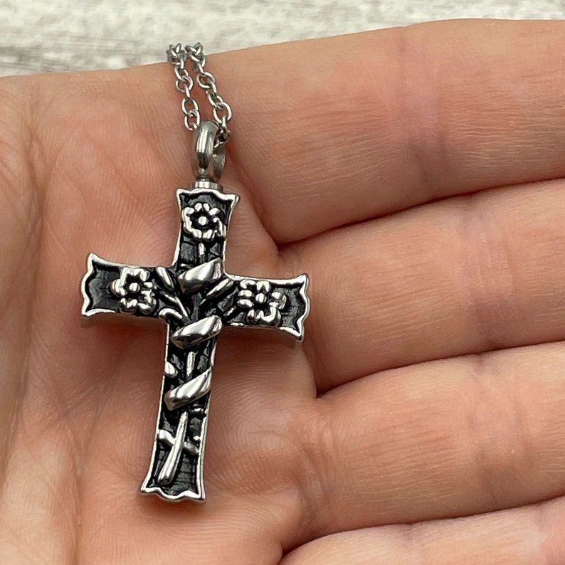 Personalized Cross Urn Necklace, Stainless Steel Cross Adorning Tri Flower Ribbon with Black Enamel Inlay, Heartfelt Gift for Men or Women. image 3