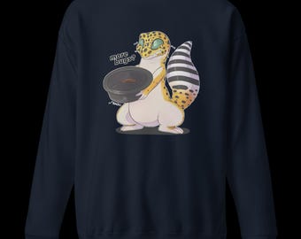 Puede incluir: Sudadera azul marino con un diseño de gecko de dibujos animados sosteniendo un cuenco. El gecko tiene manchas amarillas y negras, con una cola a rayas. El texto en la imagen dice "more bugs?" y "BAGU".
