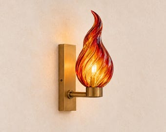 Hand-Blown Fire Flame Glass Wall Sconce, Red Orange Amber Light, Brass Hotel Hallway Lighting