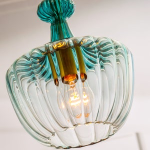 Teal Hand-Blown Glass Pendant Light – Artisan Kitchen Island Chandelier – Modern Dining Room Hanging Lamp – Custom Lighting Fixture Custom