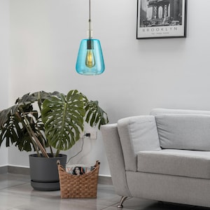 Blue Glass Pendant Light – Handblown Modern Ceiling Lamp – Minimalist Hanging Light for Living Room, Kitchen, Bedroom – Custom Size & Color