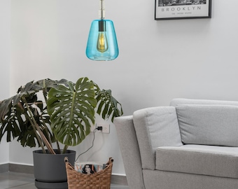 Blaue Glas-Pendelleuchte - Mundgeblasene moderne Deckenlampe - minimalistische Hängeleuchte für Wohnzimmer, Küche, Schlafzimmer - individuelle Größe & Farbe