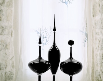 Timeless Elegance: Set of Three Handmade Black Glass Decanters with Stoppers - Classic Vintage Style -  Perfect Handmade Gift