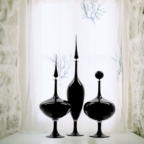 Timeless Elegance: Set of Three Handmade Black Glass Decanters with Stoppers - Classic Vintage Style -  Perfect Handmade Gift