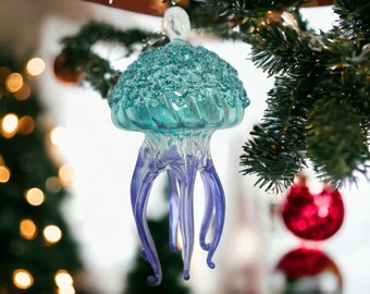 Exquisite Handblown Glass Jellyfish Christmas Ornament – Artisan Jellyfish Holiday Decoratio – Unique Christmas Gift Idea-Glass Art ornament