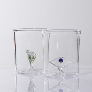 Set of two drink Glass Cups Handmade Clear Glass Cups  with Abstract Cactus Art - Aesthetic Home Decoration