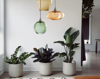 Trio of Handblown Glass Pendant Lights – Amber, Rose & Green Hanging Lamps – Modern Art Glass Ceiling Lighting for Kitchen or Entryway
