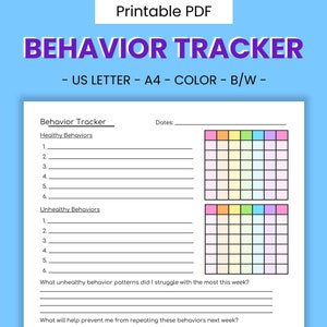 Behavior Tracking Printable Worksheet - Self Improvement Prompts, New Year Resolutions, 2025 Health & Wellness Habits, Weekly Planner PDF