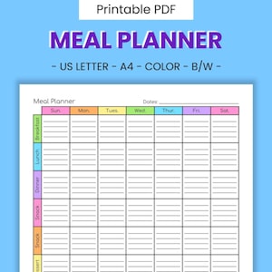 Afdrukbaar werkblad Maaltijdplanner: dieettracker, voedingsdagboek, calorie- en macroteller, intuïtief eten, wekelijkse gezondheidsdoelen pdf
